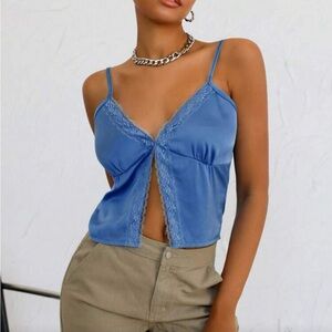 Missguided Blue Satin Lace-Trim Tank Top